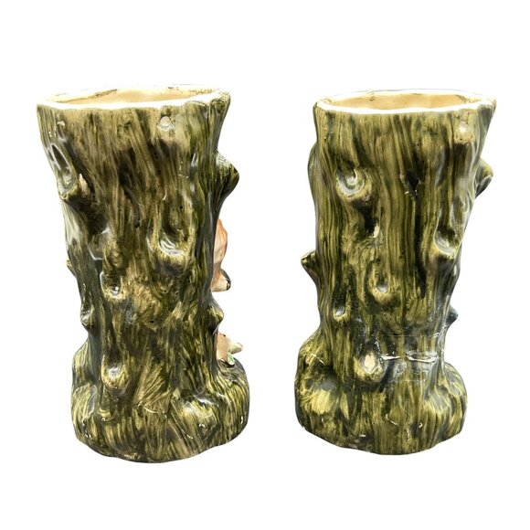 Vintage Owl Tree Trunk Ceramic Vases Hand Painted Set Of 2 - 5"H x 3"W - Picture 3 of 7